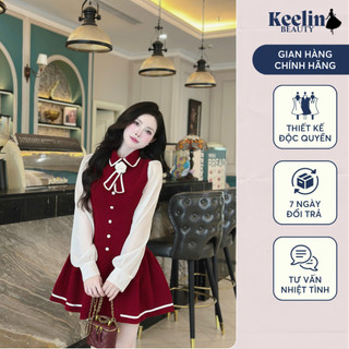 Đầm nhung thiết kế cổ hoa trà mix tay dài dáng xoè A dễ mặc dạo phố N328 KEEIN BEAUTY