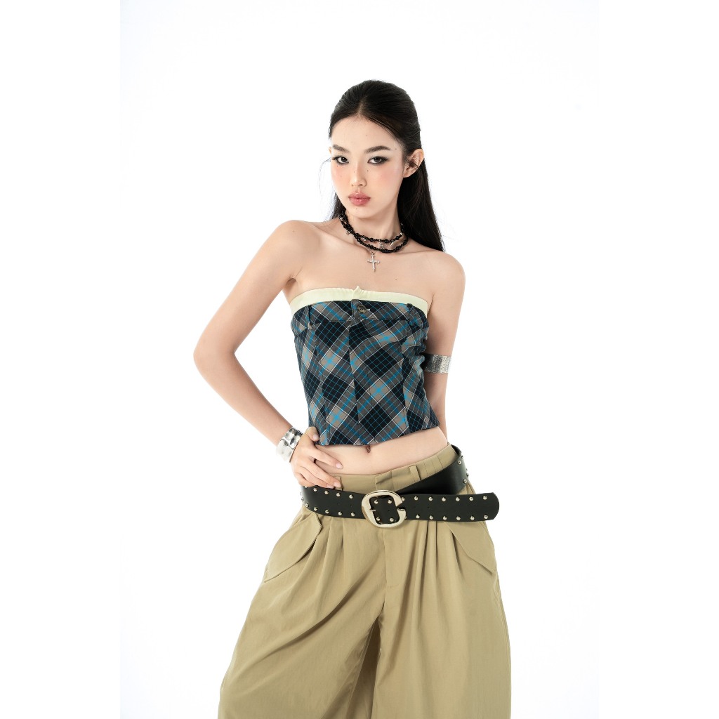 Zemora Top Checkered Cup Blouse with Gold Trim - HOO DESIGN