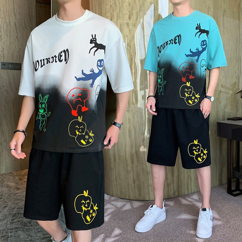 เสื้อผ้ากีฬา Unisex ชุดสําหรับผู้ชายและผู้หญิงกางเกงขาสั้นเสื้อยืดพิมพ์ตัวอักษร JOURNEY DT SHOP เสื้