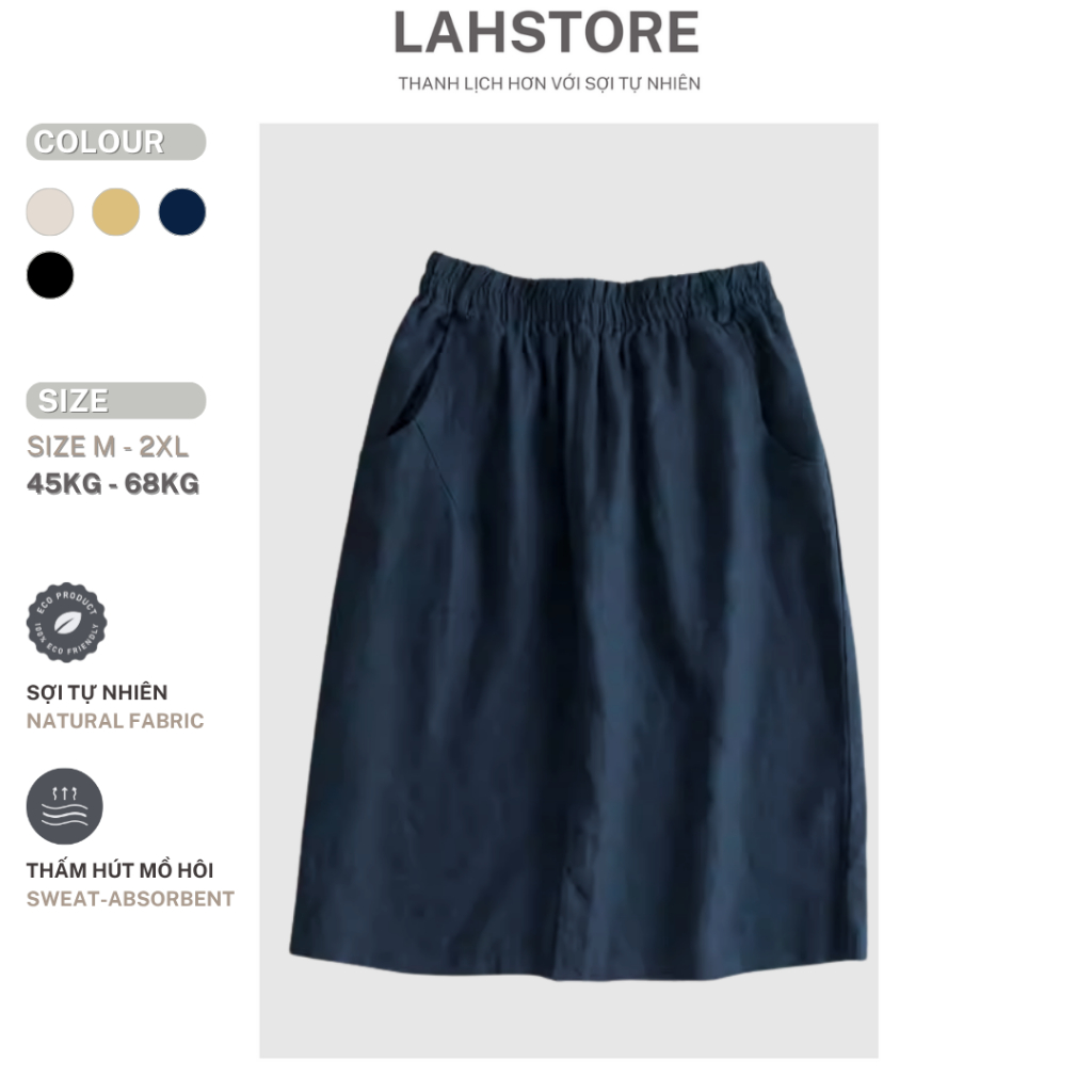LAHSTORE กระโปรงทรงเอทรงหลวมผ้าลินินเกาหลีเอวยางยืด CV05 (สีกรมท่า)