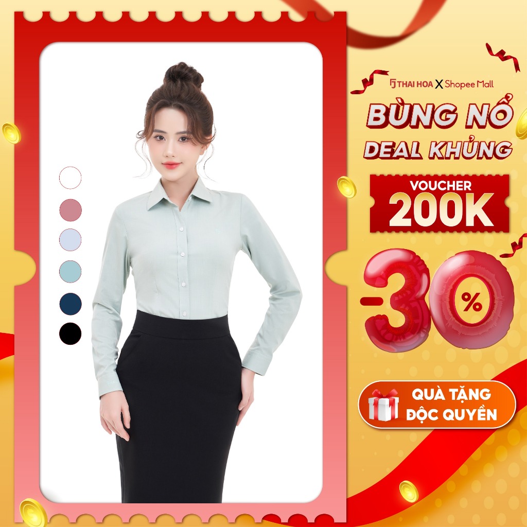 เสื้อเชิ้ตแขนยาวผู้หญิง ASW0101-R11 เอสเซ้นส์ใยไผ่ ผ้าเป็นรอยขีด แบบไทย Hoa แบบบาง เสื้อเชิ้ตผู้หญิง