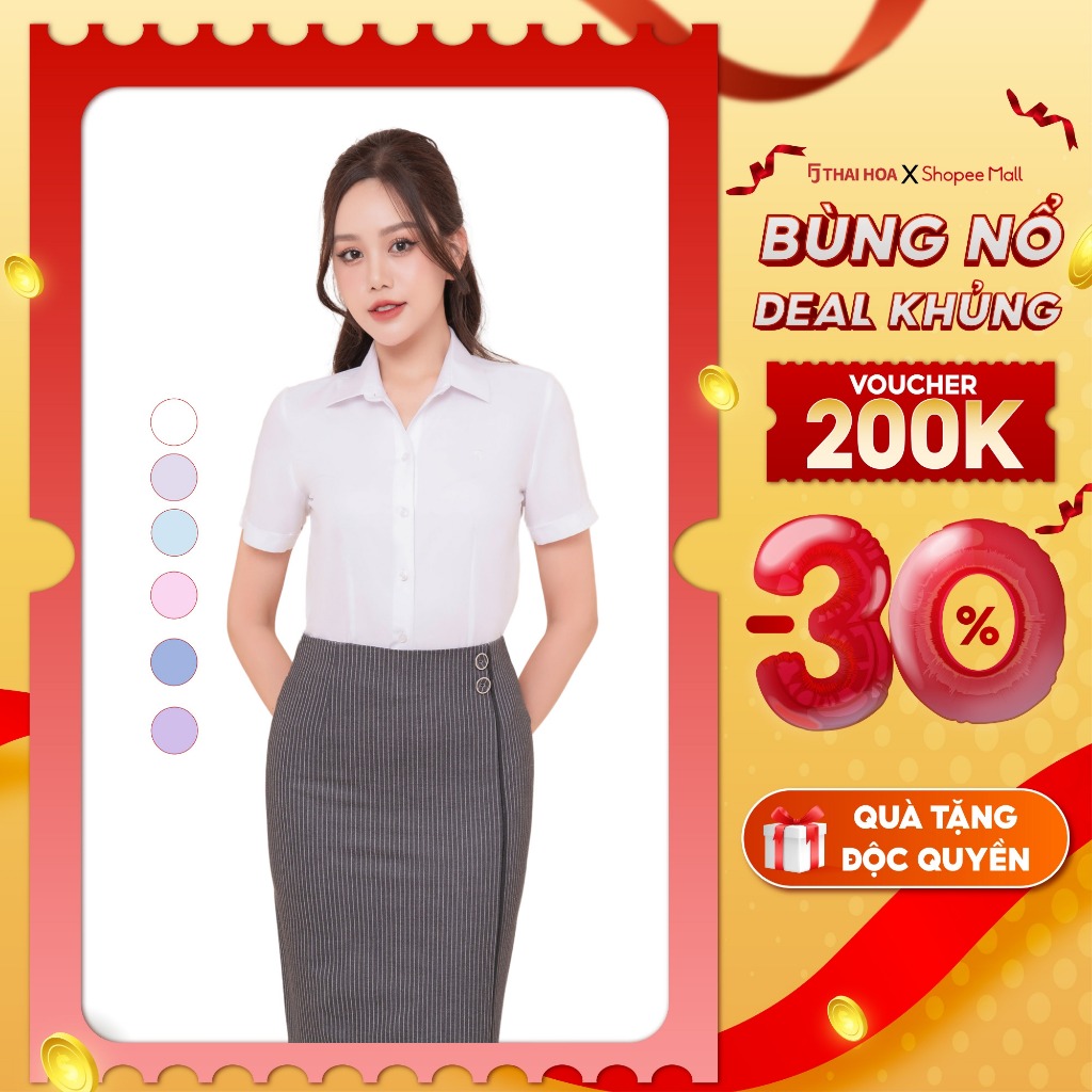 เสื้อเชิ้ตแขนสั้นผู้หญิง ASW0301-R05 ผ้าคอตตอนลายทางละเอียด ทรงเข้ารูป สีไทยโฮอา