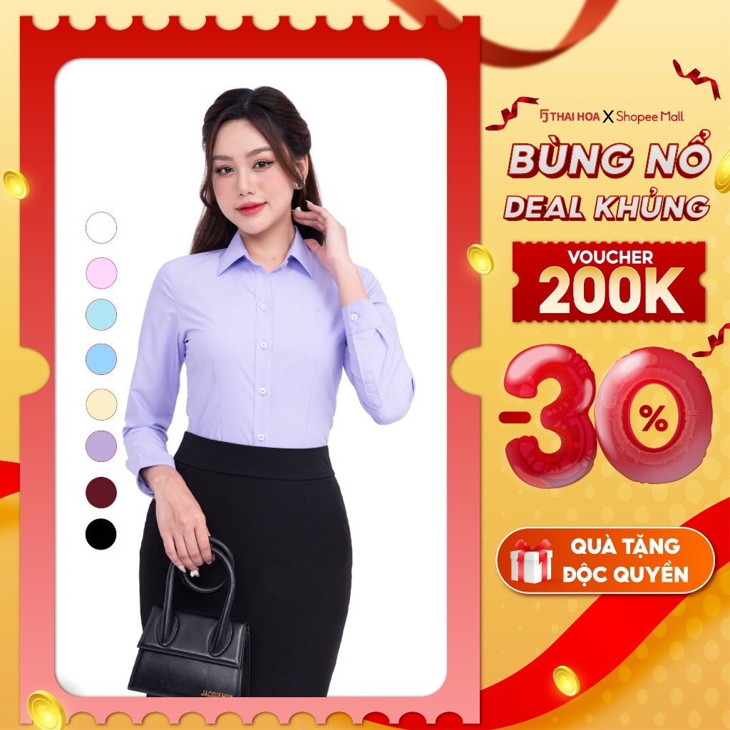 เสื้อเชิ้ตผู้หญิง ASW0101-R01 แขนยาว ทรงเข้ารูป ผ้าคอตตอนสีพื้น สีไทยโฮอา