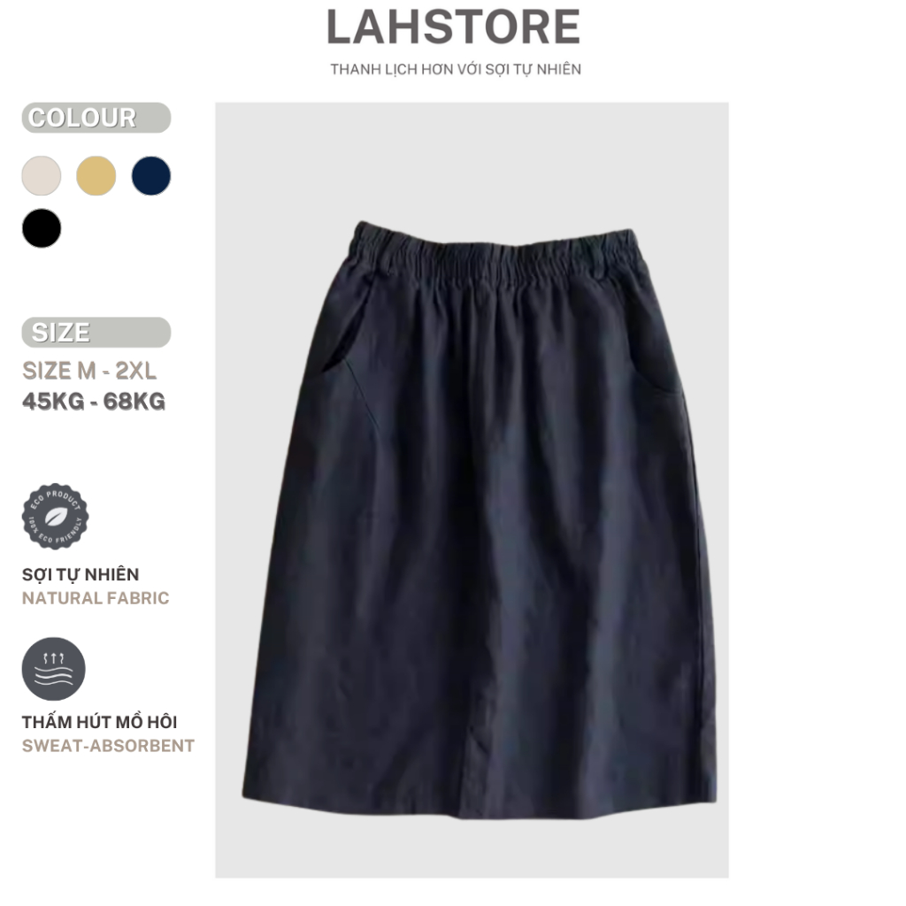 LAHSTORE กระโปรงสํานักงานยาวปานกลางทรงเอลินินเกาหลีพร้อมเอวยางยืดและกระเป๋าข้างพื้นฐานอ่อนเยาว์ CV05 (สีดํา)
