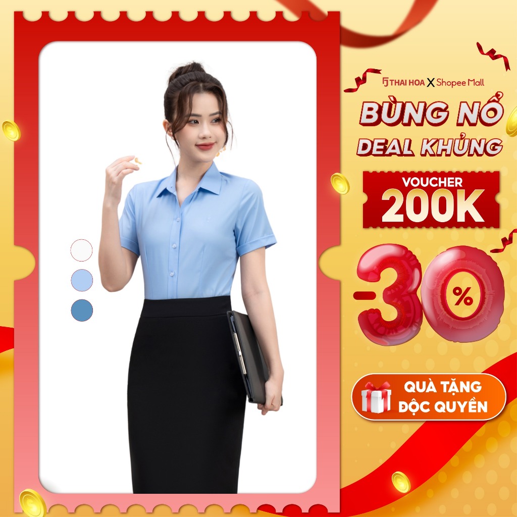 เสื้อเชิ้ตแขนสั้นผู้หญิง Thai Hoa 25ASW-267 ผ้าคอตตอนไม้ไผ่คุณภาพสูง รุ่นกระดุมมีขอบเอวคุณภาพสูง