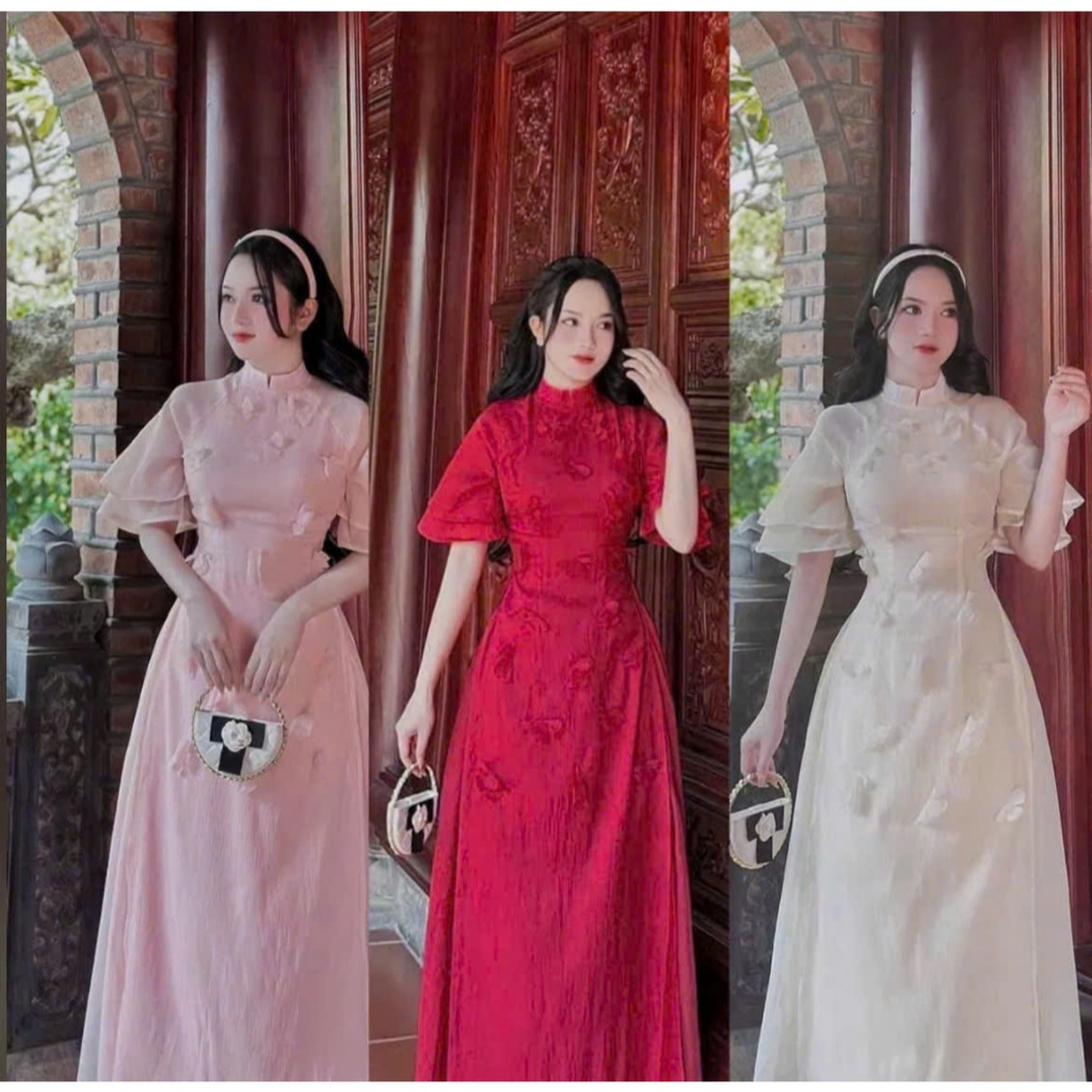 นวัตกรรม ao dai Set for Tet 3 สีสวย ผ้าไหม 2 ชั้น ao dai พร้อมผ้าฝ้าย appliqué คอปกคอเต่า แขนบาน และ