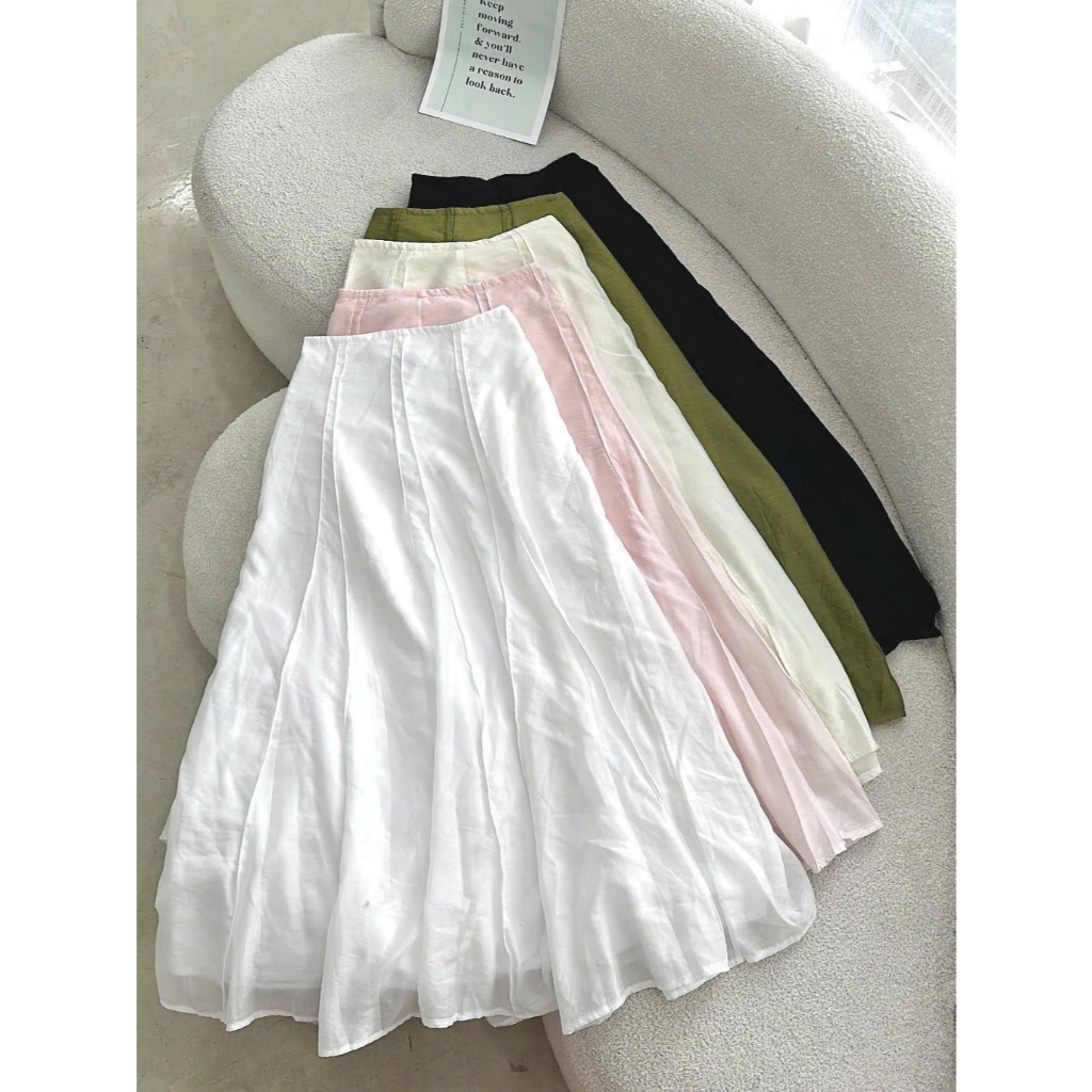 PLYED LINEN SILK SKIRT (CV-17) - เนื้อผ้าชีฟองลินินเข็มขัดปานกลาง มีจีบแบน