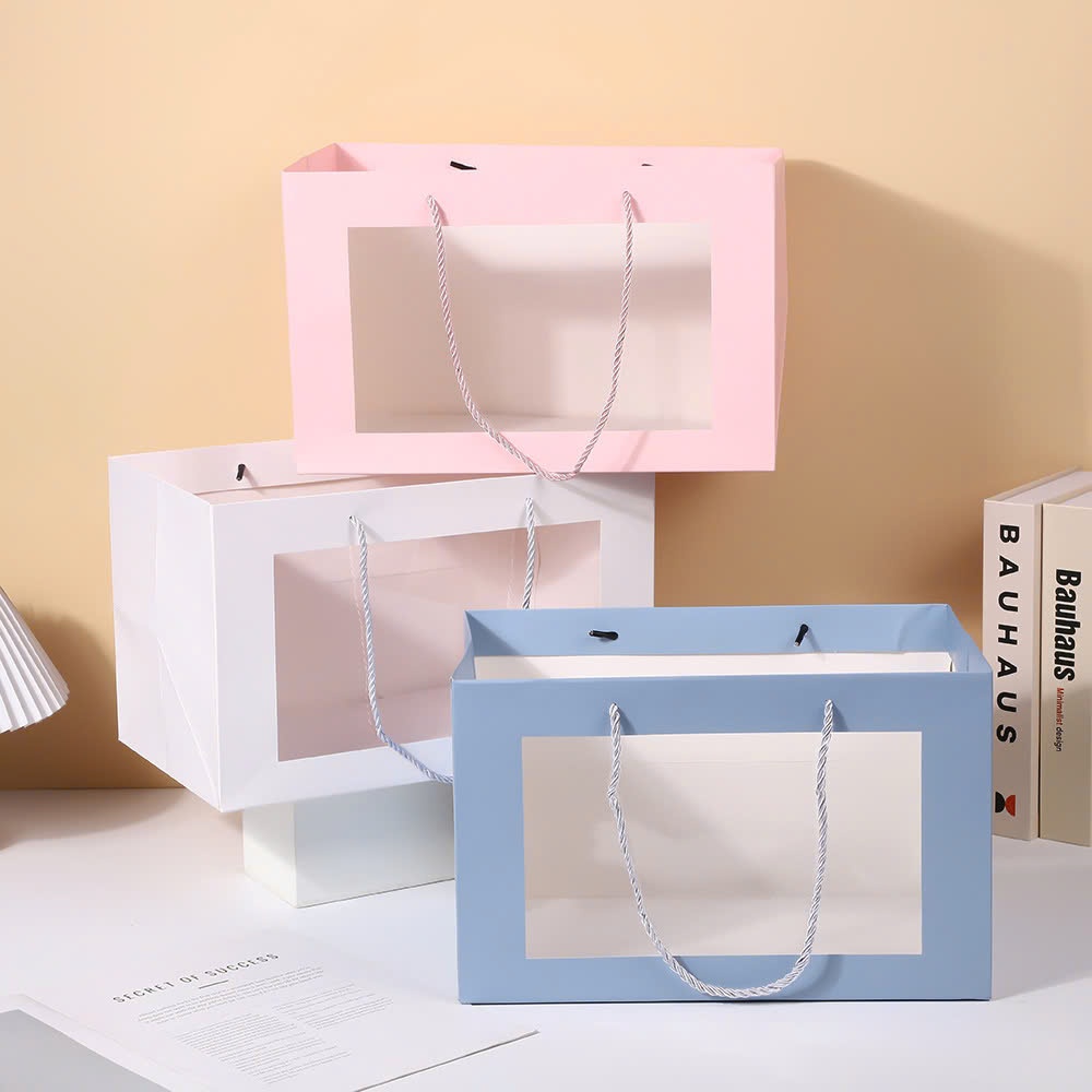 Combo ถุงแก้ว 10 1 ใบพร้อมที่จับ d35 x r21 x c22 – ถุงของขวัญดอกไม้ ผลไม้ หรูหรา (222135cm)