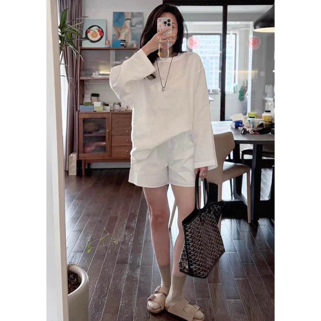 ชุดมายเซ่ - |ไลไลน์| - เสื้อคอกลมผ้าลินิน + กางเกงขาสั้นเบสิค ชุด