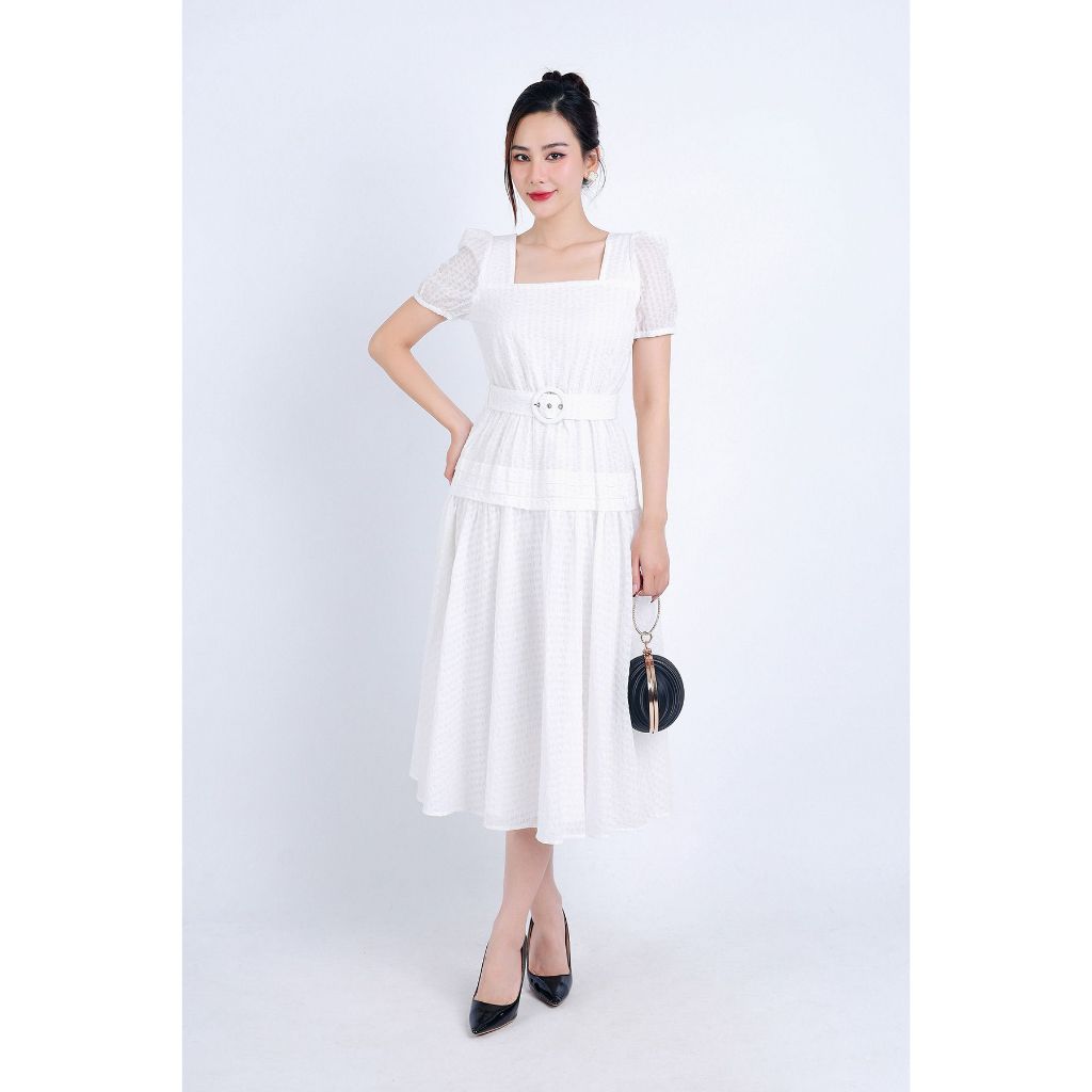 FDC35007 - เดรสออฟฟิศมีซับในฮาบูไตสองชั้นทรงบานยาวคอเหลี่ยมเอวยางยืดเอวจับจีบกว้าง-ปันดิโอ