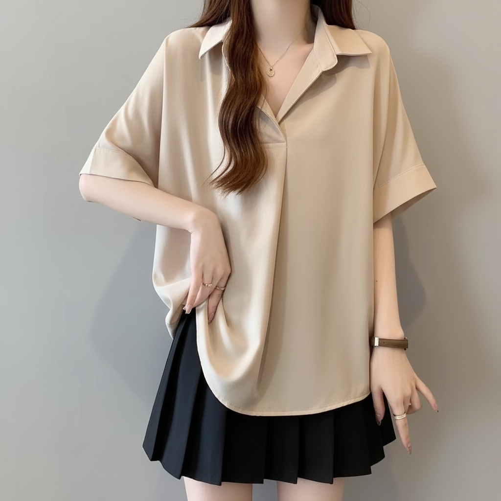 เสื้อเชิ้ตสํานักงานติดกระดุมแขนสั้นขั้นพื้นฐานสําหรับผู้หญิงในรูปแบบเกาหลี Design KOUSE Design