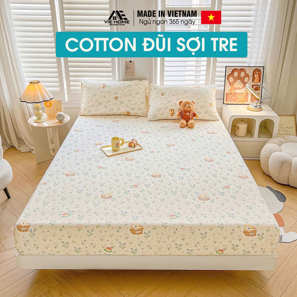 VIEHOME ผ้าปูที่นอนใยไผ่ลายน่ารักเย็บด้วยแผ่นที่นอน Chunky M2 M4 M6 M8