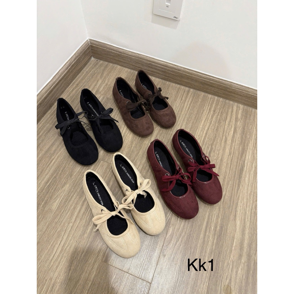 รองเท้าส้นแบนหนังกลับ Mid-Bow ใหม่ Kk1