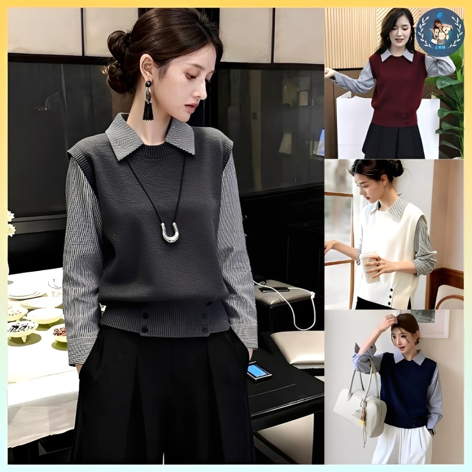 [A469] เสื้อกันหนาวถัก 3-Button สําหรับผู้หญิง Montoghi พร้อมเสื้อเชิ้ตลายทางธรรมดาแขนยาวสุดหรู - L2