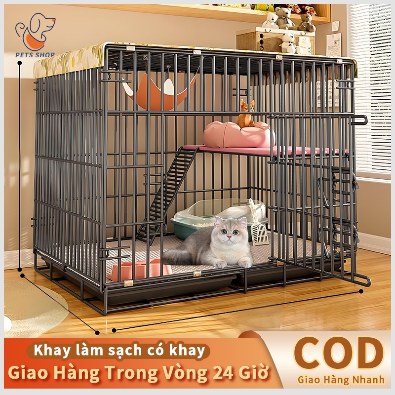 Pets Shop กรงแมว 2 ชั้นพร้อมถาดขยะ กรงแมวพับได้เคลือบแป้งทุกขนาด M, L, Xl