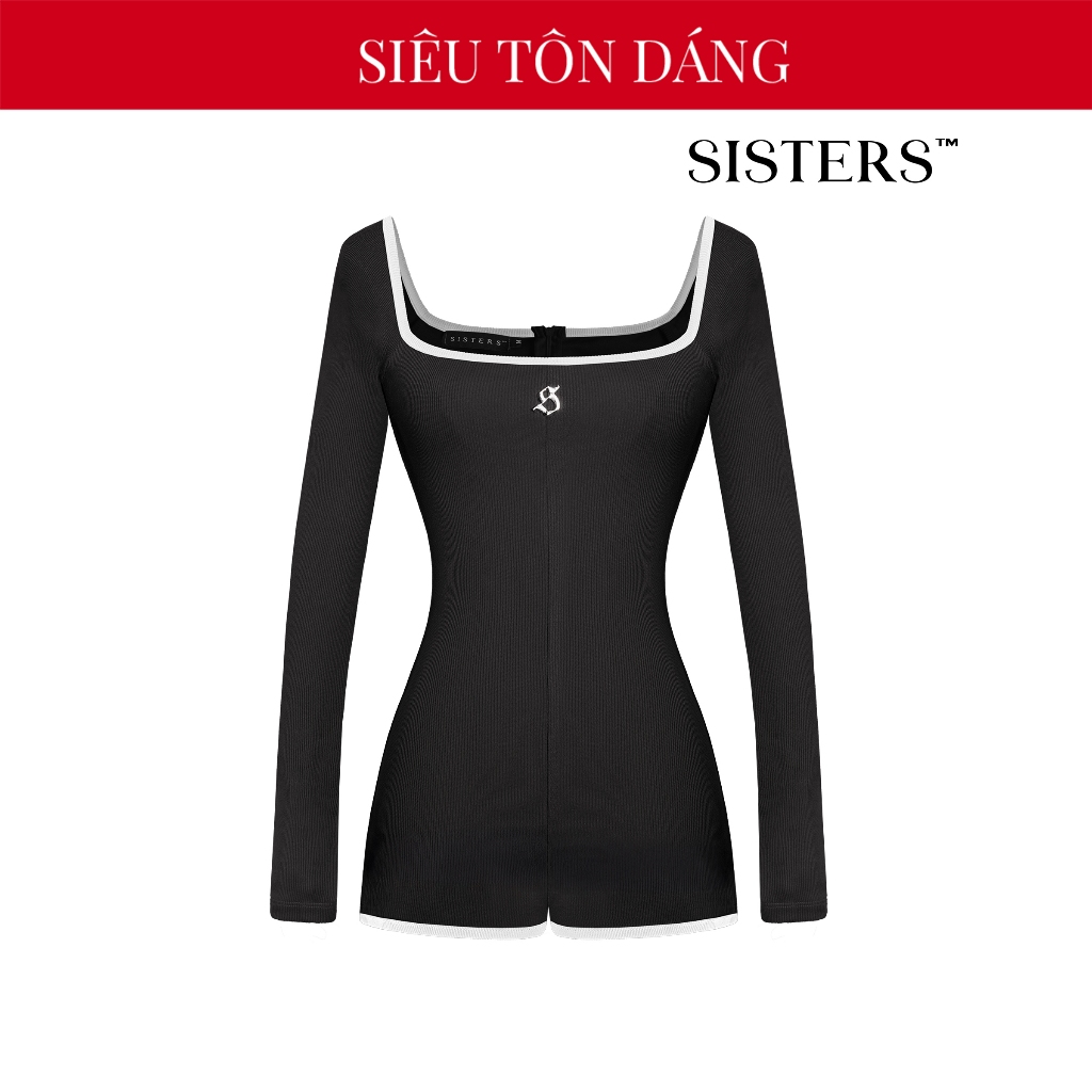 SISTERS จั๊มสูทแขนยาวผู้หญิงคอเหลี่ยมโชว์หน้าอกเซ็กซี่ ซุปเปอร์แบนสีดํา Hailey | SS1-J1-DVT