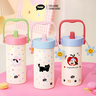Ly giữ nhiệt LUNA 600ml có quai cầm, bình giữ nhiệt inox 316 dễ thương có móc khóa - TUHUHOUSE