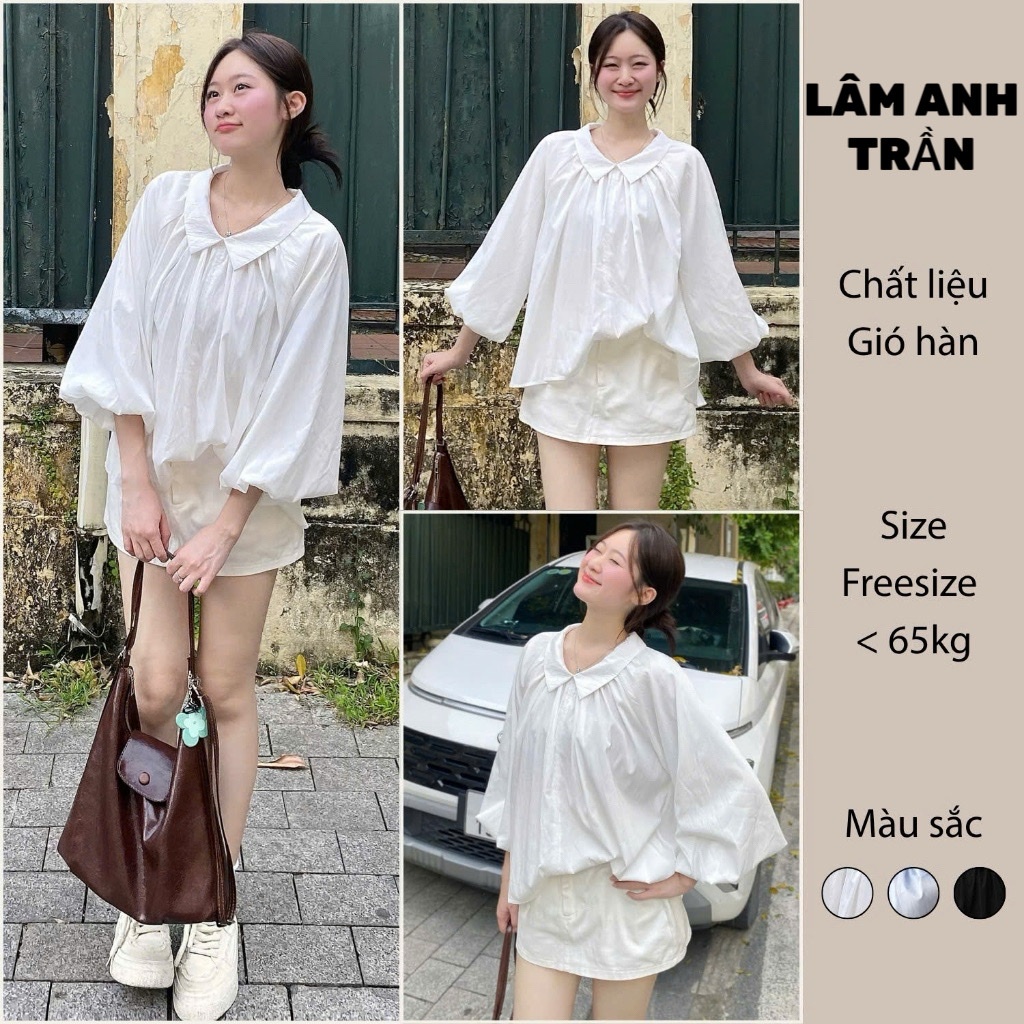 เสื้อเชิ้ตโอเวอร์ไซส์แขนพองและคอปกเปิดลง LAM ANH TRAN MA3111