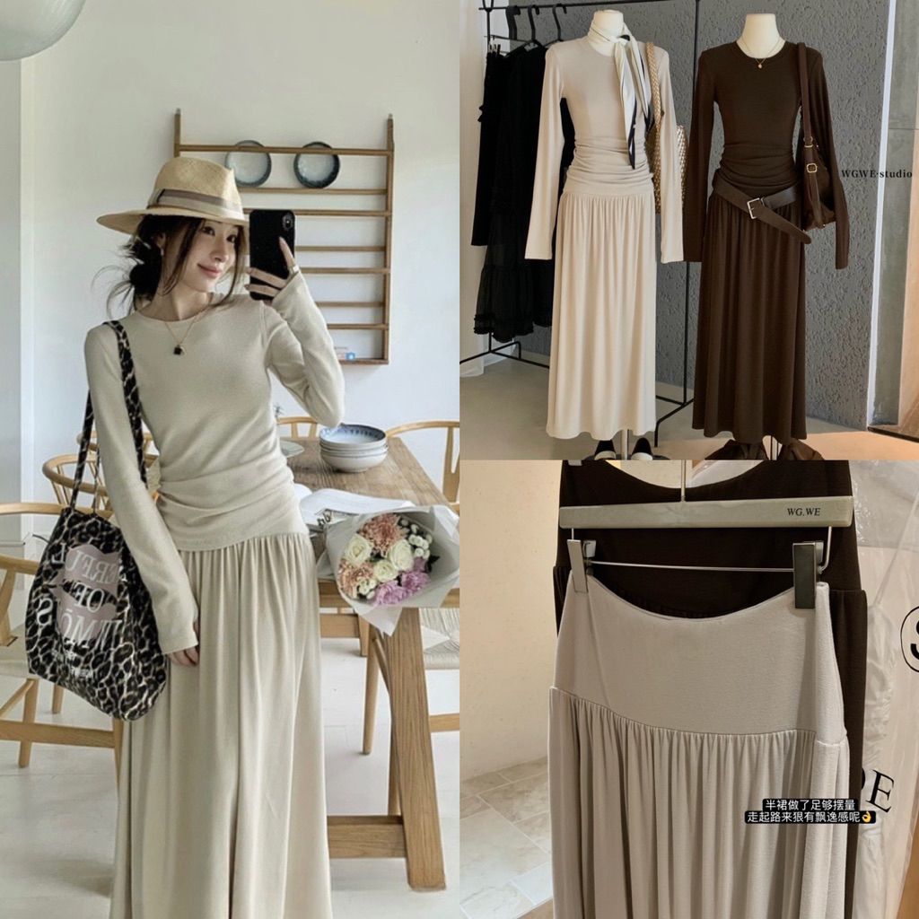 NHY.studio /WGWE/ เสื้อยืดแขนยาว เซตกระโปรงยาวผ้าคอตตอนเนื้อหนา 7875