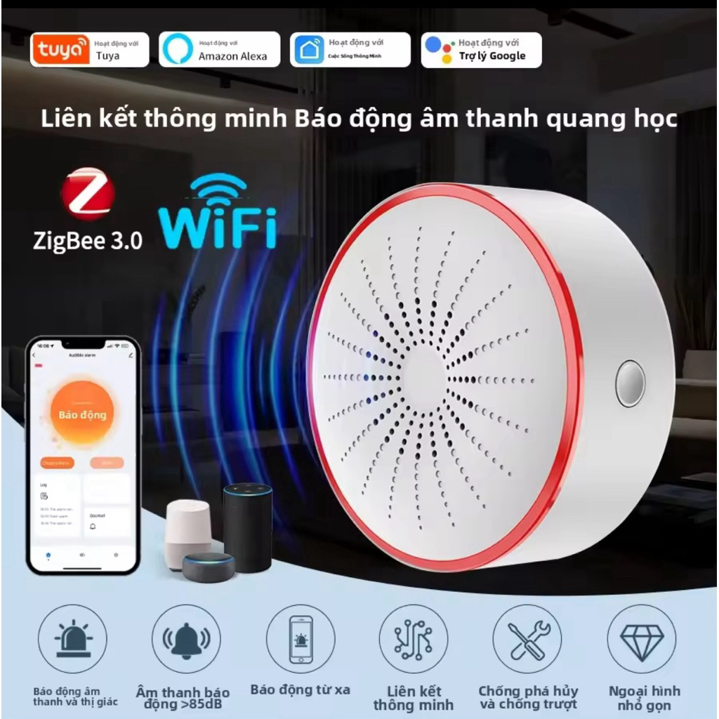 Tuya Zigbee หรือ Wifi Smart Alarm Siren Home Security พร้อมไฟเตือนลําโพง 100db และเสียง