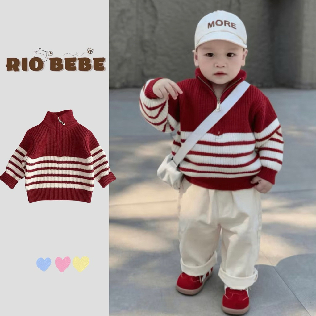 [QCC-Christmas Tet] เสื้อสเวตเตอร์แขนยาวสีแดงอบอุ่นหนาคอปกซิปและลายทางสีขาวสําหรับเด็กฤดูหนาว -A69