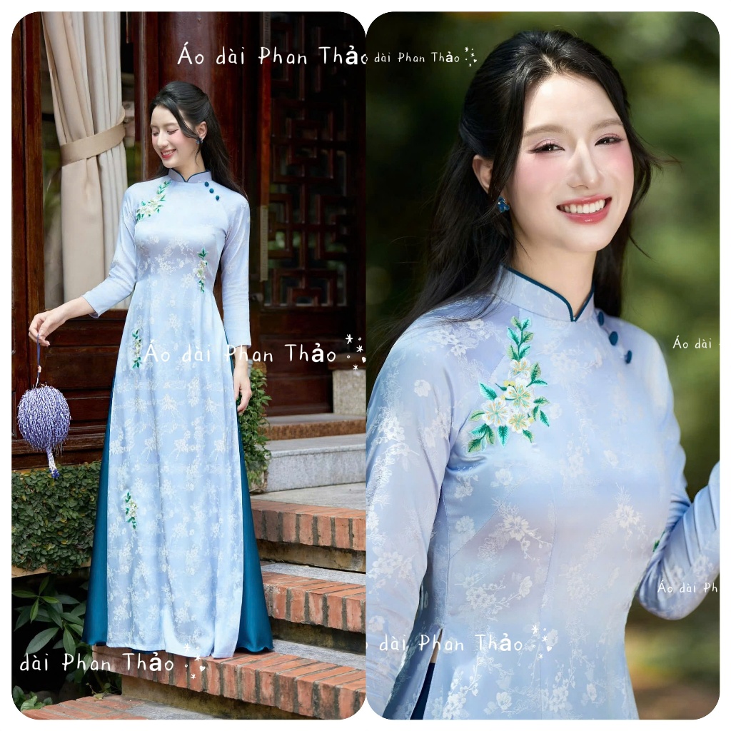 ผ้าไหมปักลายดอกไม้คอปกสูง Ao Dai - ความงามที่น่ากลัว - Tet Ao Dai - GT04
