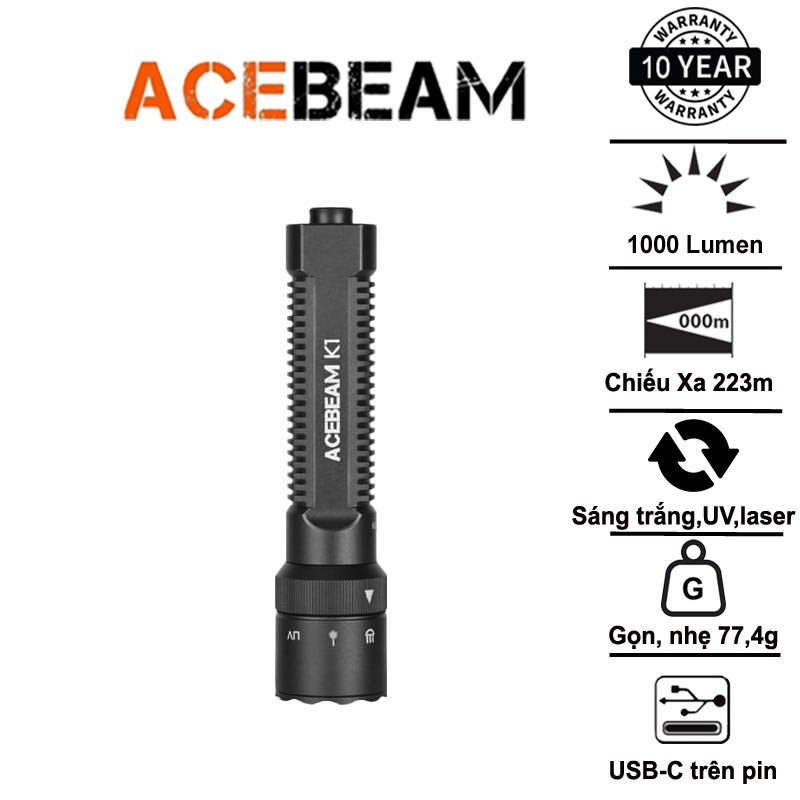 Acebeam K1 – ไฟฉาย EDC ขนาดกะทัดรัด, แหล่งกําเนิดแสงสามแหล่ง 1000lm, 223m, 365nm UV, ชาร์จ USB-C