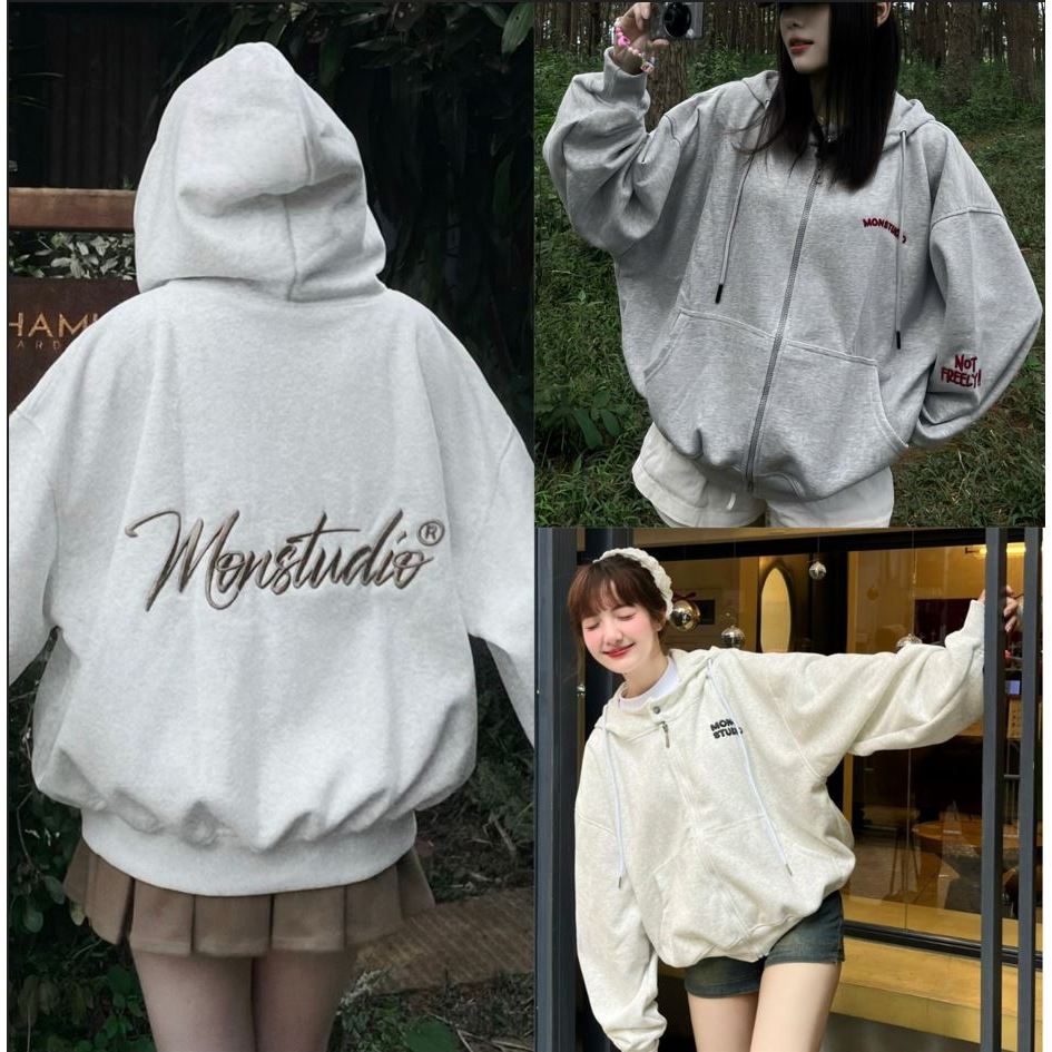 MonStudio Boxy Zip Hoodie ผ้าสักหลาดหนา ตัวอักษรปักมีสไตล์