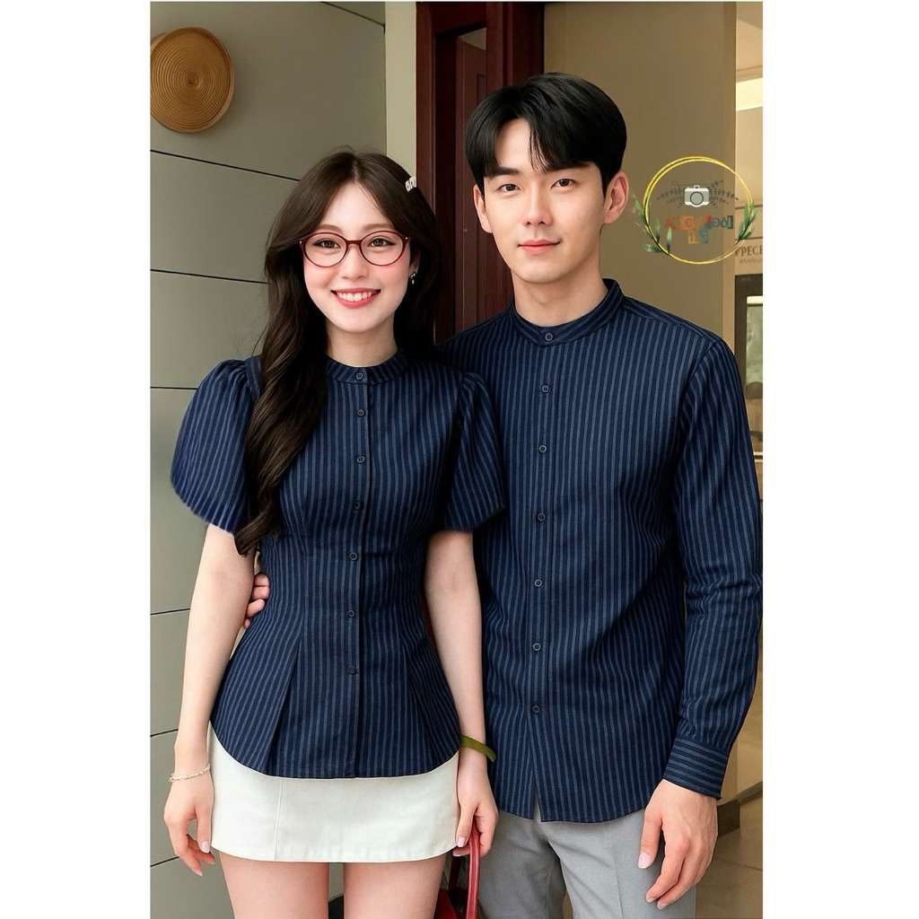 (Ho Chi Minh Express) ชุดคู่ผู้ชายและผู้หญิง เสื้อผูกเอวด้านหลัง ปกผ้าลินินหยาบ เทรนด์มาแรง