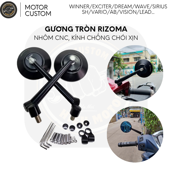 กระจกมองหลังทรงกลม Rizoma CNC กระจกป้องกันแสงสะท้อนของแท้