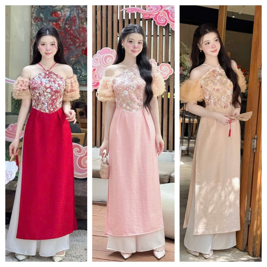 นวัตกรรมของ Kieu Thu ao dai, ao dai ออกแบบด้วยคล้องคอและแขนลูกไม้ - 3 สี - รัสเซีย Ao Dai - NG25.845
