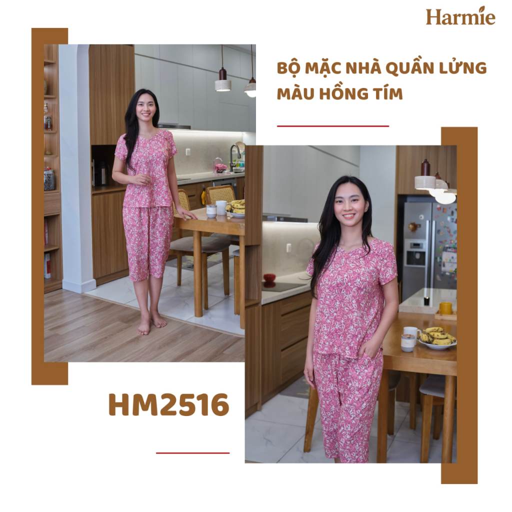 Harmie HM2516 กางเกงขาสั้นแขนสั้น home wear set สีม่วงสีชมพู
