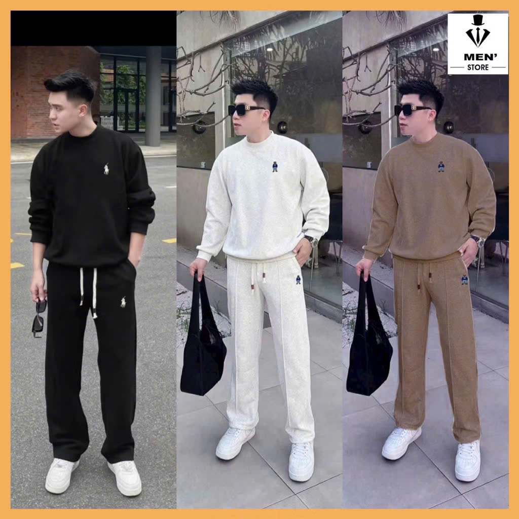 ชุดเสื้อกันหนาวผู้ชายพร้อมโลโก้ปักหมีสินค้าฤดูใบไม้ร่วงและฤดูหนาว วีเอ็นเอ็กซ์เค ผ้าฝ้าย 98% 2-ผิว ขนแกะกางเกงหนามีเชือกผูก