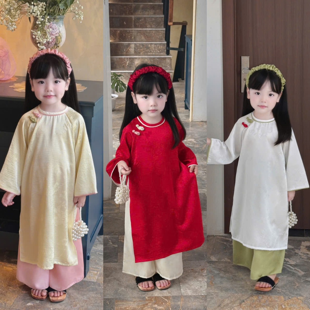 Tet Ao Dai สําหรับแม่และเด็กที่ร้าน Nha San, ผ้า Xuan Huong Brocade มาพร้อมสร้อยคอ Mane และไข่มุก