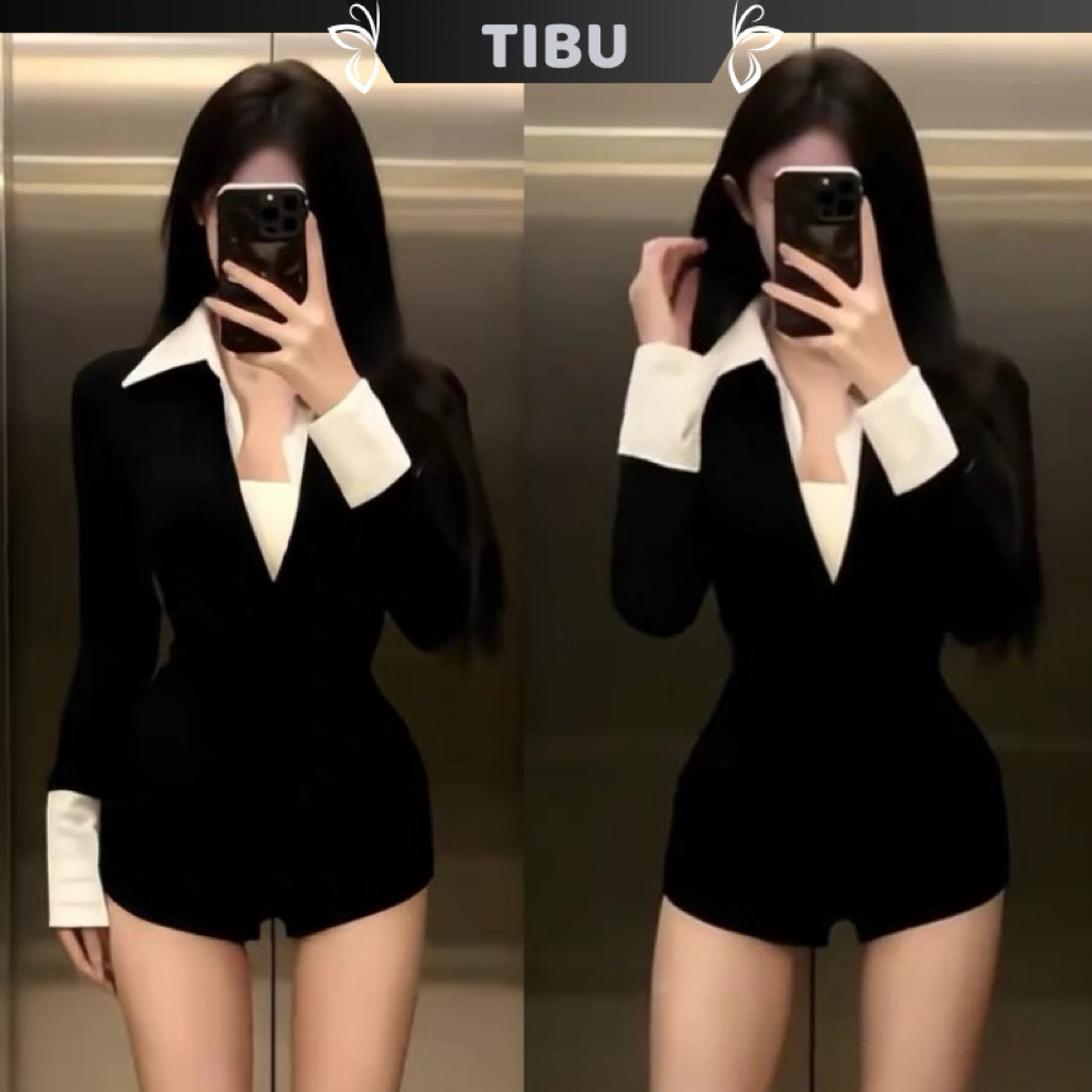 ชุดบอดี้สูทเสื้อแขนยาวคอปกพร้อมเสื้อเกาะอก ทิบู ชุดผู้หญิงแขนสั้นรัดรูปสีดําสําหรับเก๋ออกไปบนท้องถนน ข661