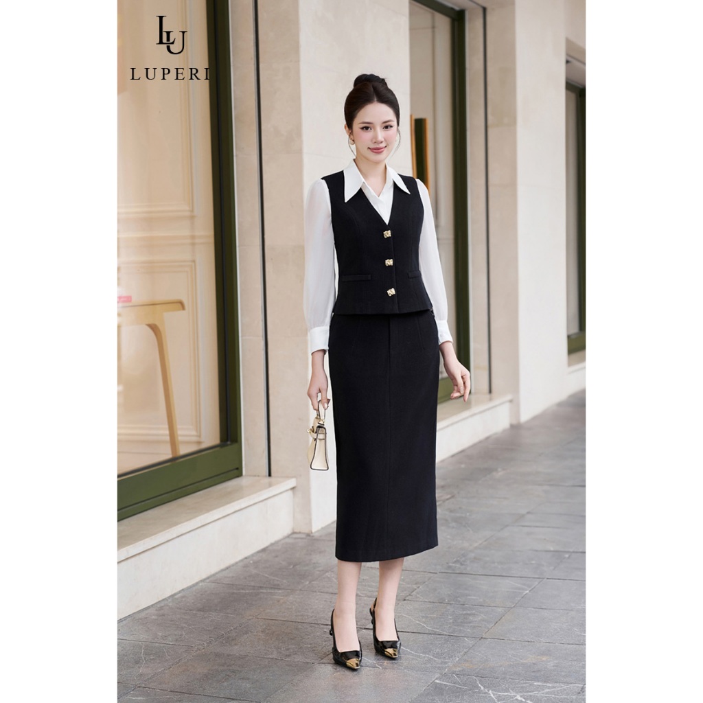 Evening Gile LF5GL01 เสื้อคอเต่าซับหน้า 2 ชั้นพร้อมปุ่มหรูหรา 3 ปุ่มผสมกับกระโปรง 5CV32