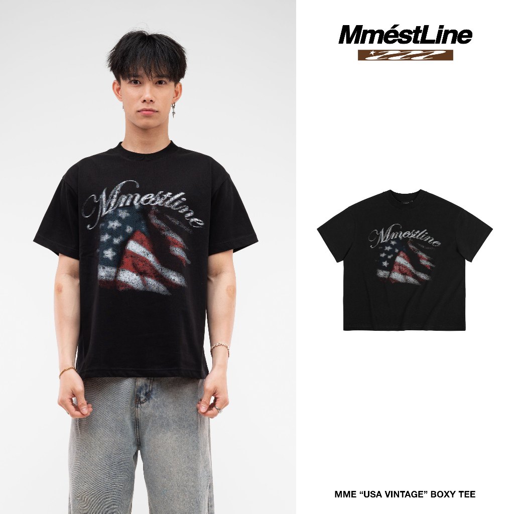 เสื้อกล้าม เสื้อยืด "USA VINTAGE" ในรูปแบบ Boxy ผ้าฝ้ายพรีเมี่ยม นูน และงานสกรีนผ้าไหม Traode จมอยู่ใต้น้ํา