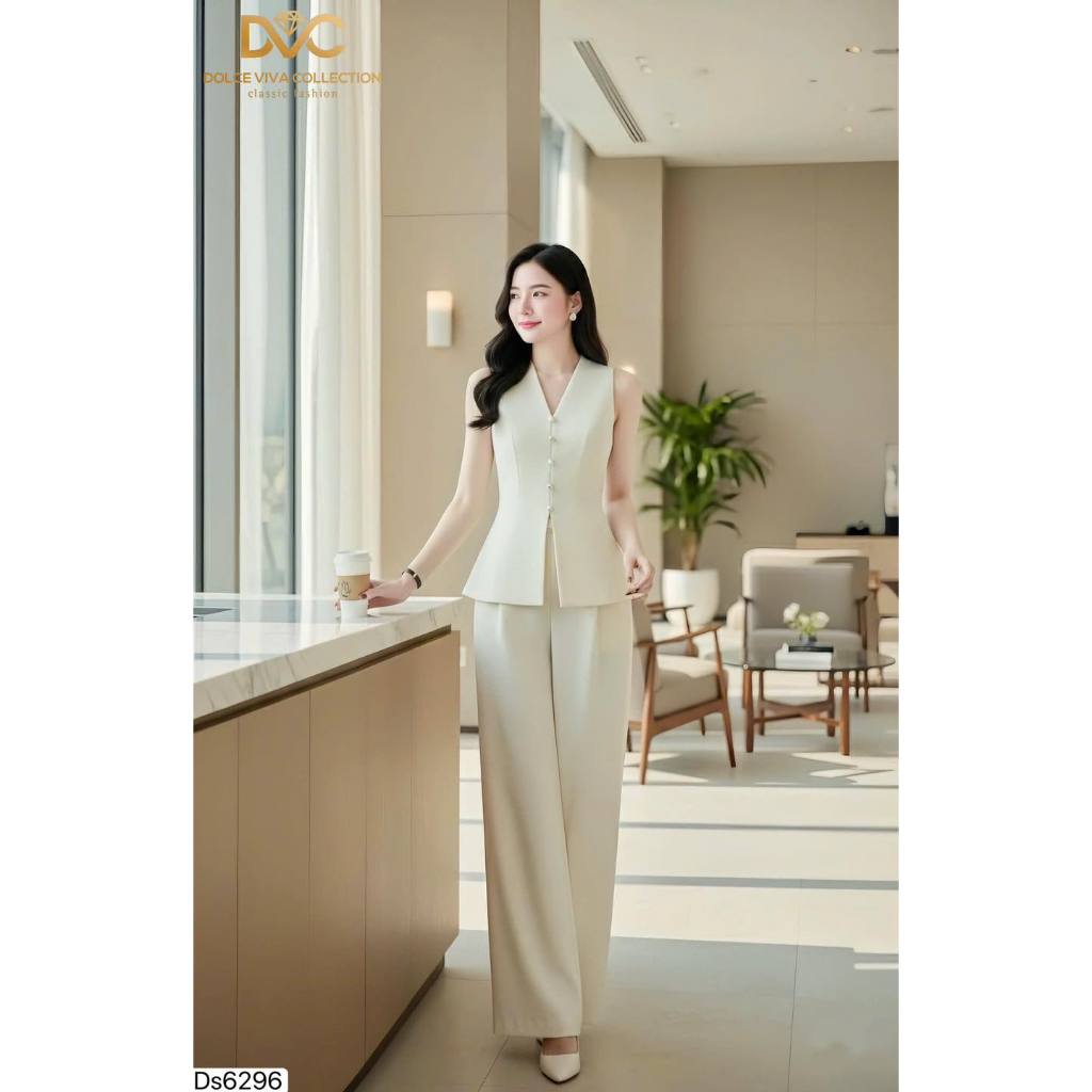 DS6296 - ชุดครีมใต้วงแขน คอ V ติดกระดุม - Dolce Viva Collection (DVC/ACC)