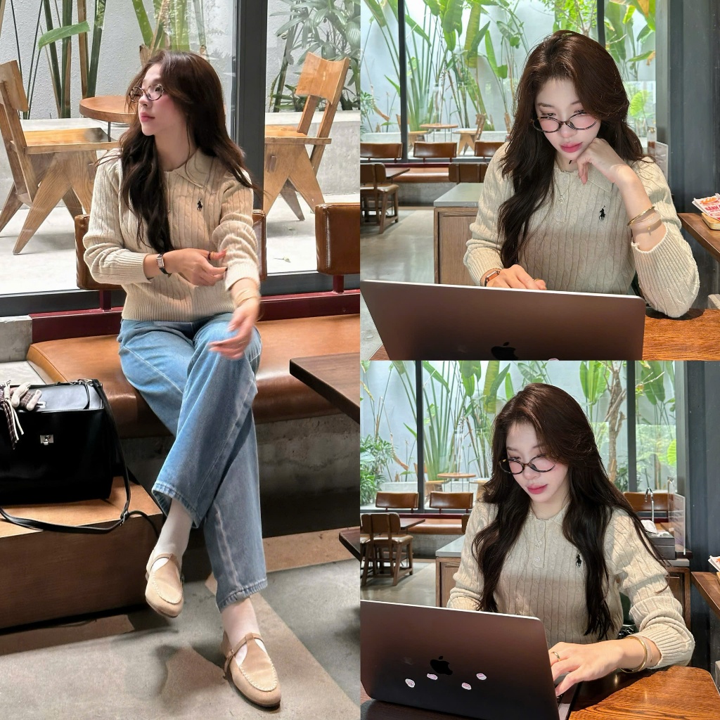 (OLDSCHOOL PHOTO) เสื้อสเวตเตอร์คอโปโลแขนยาวขั้นพื้นฐานปักลาย A1026 AS STUDIO