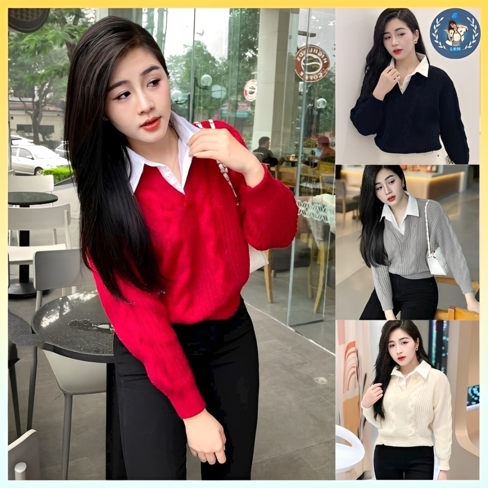 [A272] เสื้อสเวตเตอร์ถักผู้หญิง Montoghi พร้อม SHIRT COLLAR และลายเชือกแขนยาวสุดหรู - L2M