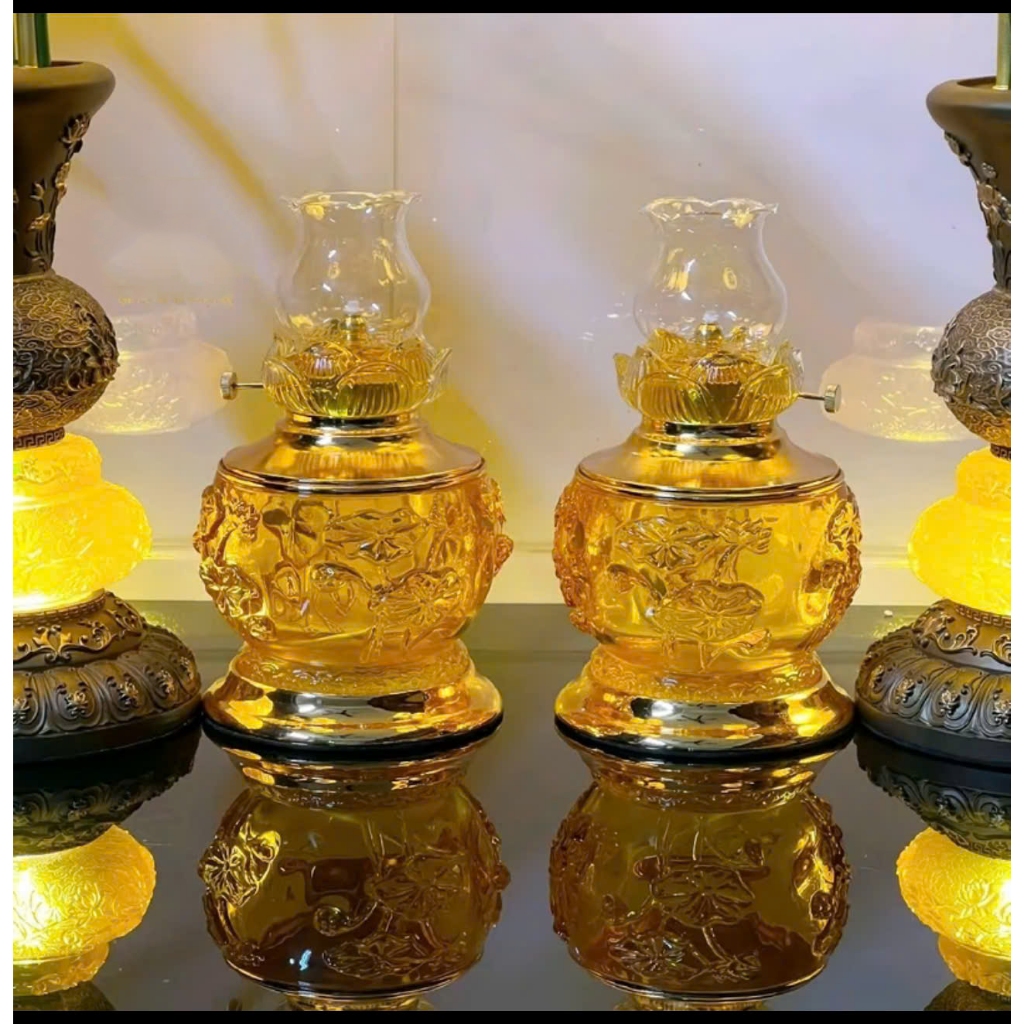 Lien Bao Dang Premium Lapis lazuli ตะเกียงน้ํามันลายดอกบัวนูน 2 ขนาด โคมไฟหมู่บูชา แถมหัวใจโคม