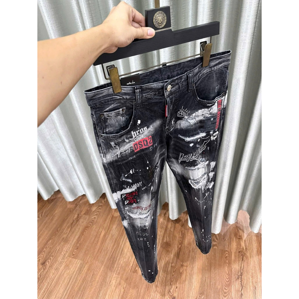 Auth 1:1 Dsquared2 Catten Was Ripped Jeans Mixed Item with Stones, คุณภาพสูง Dsq Sports Slim Leg กาง