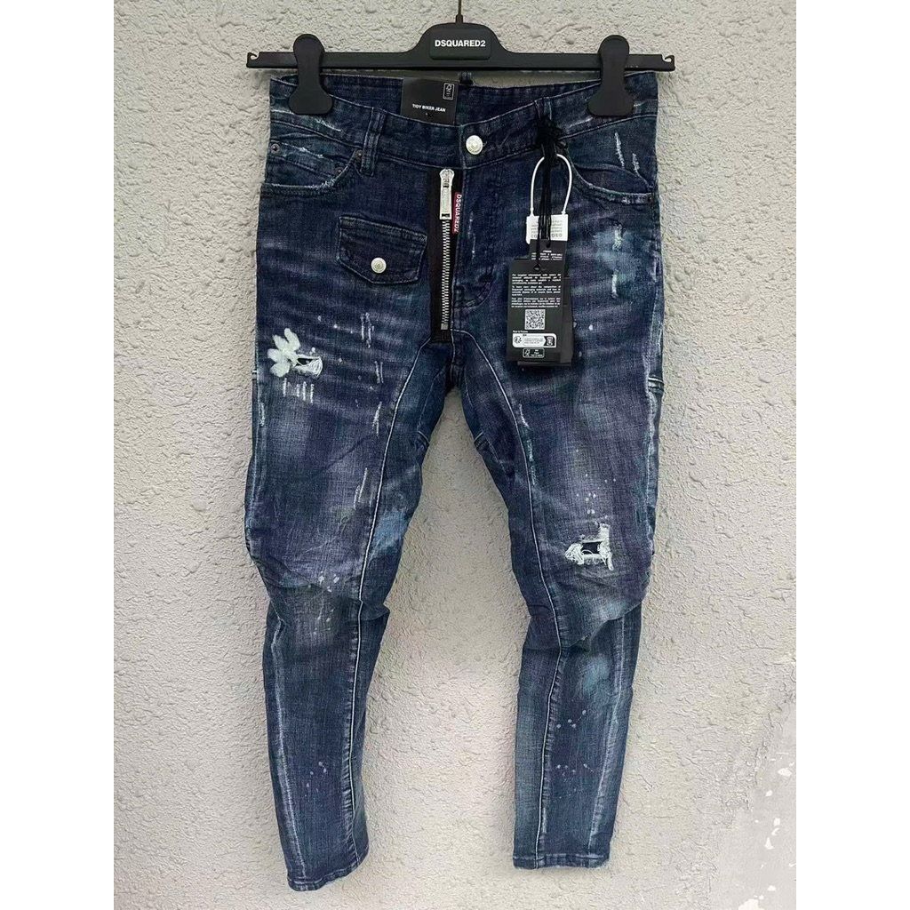 Dsq2 Cr7 กางเกงยีนส์ผู้ชายรหัส D2-16 Side Zip, Flap Pocket, Torn Tidy Biker Wash, ผ้าฝ้ายหนานุ่มจาก 