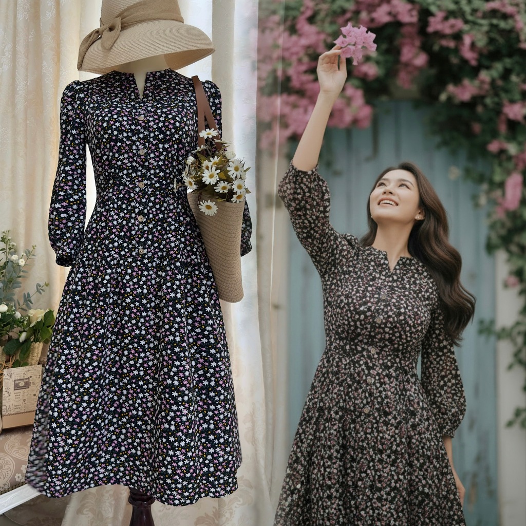 เดรส Midi คอปกหัวเข็มขัดและรั้ง Midi A-line waist _ D5986