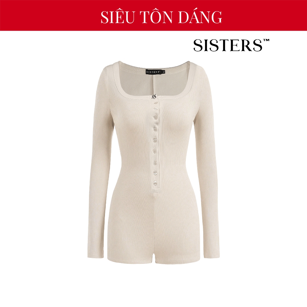 SISTERS จั๊มสูทคอเหลี่ยมแขนยาวผู้หญิง มีกระดุมลึก โชว์หน้าอกเซ็กซี่ สีครีม กระชับสัดส่วนสั้น Blanche