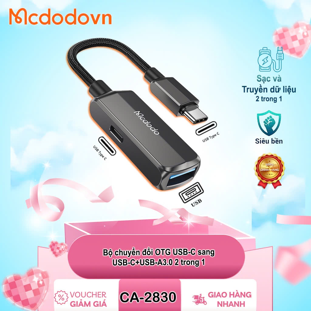 [ของแท้] Mcdodo CA-2830 OTG USB-C to USB-C + USB-A 3.0 Adapter – รองรับการชาร์จเร็ว 60W PD, การถ่ายโ