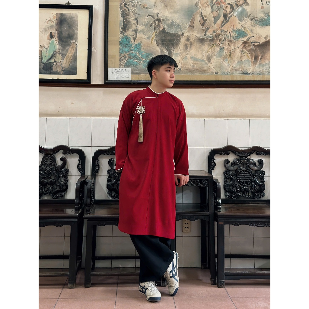 [Ho Chi Minh Express] ห้าชิ้นผู้ชาย ao dai มีกระดุมกลมและชาย BIGSIZE 120KG ผลิตจากผ้า Tet KAKI เกาหลี [CUT NOT INCHDD]