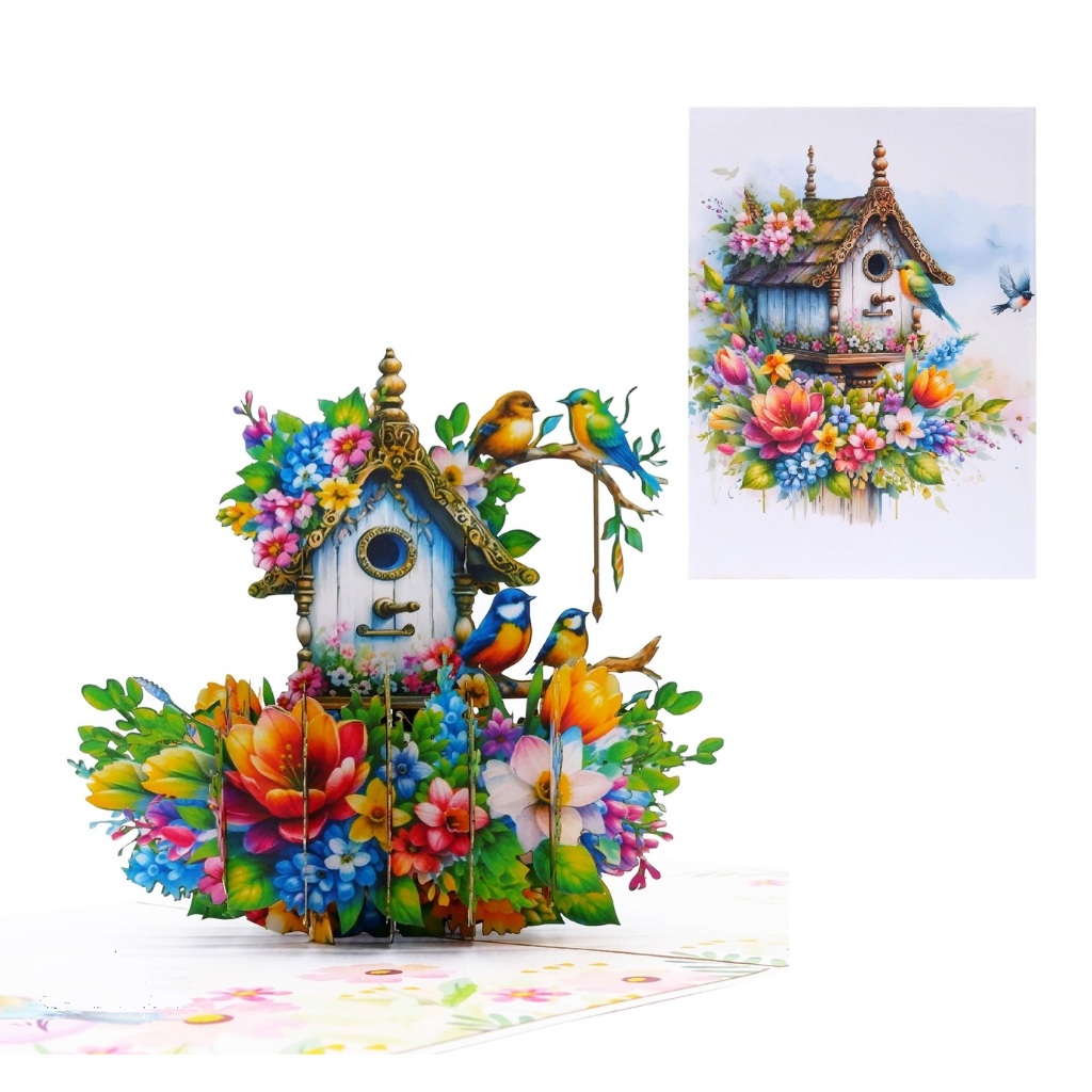 H45 - การ์ด Bird House 3D & Brilliant Flowers – Viethands Giftshop