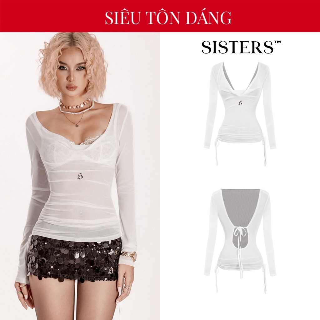 น้องสาว เสื้อตาข่ายแขนยาวซีทรูผู้หญิงคอปกลึกโชว์หน้าอกและเปลือยหลังเซ็กซี่สีขาวพร้อมโลโก้สแตนเลส เจ็