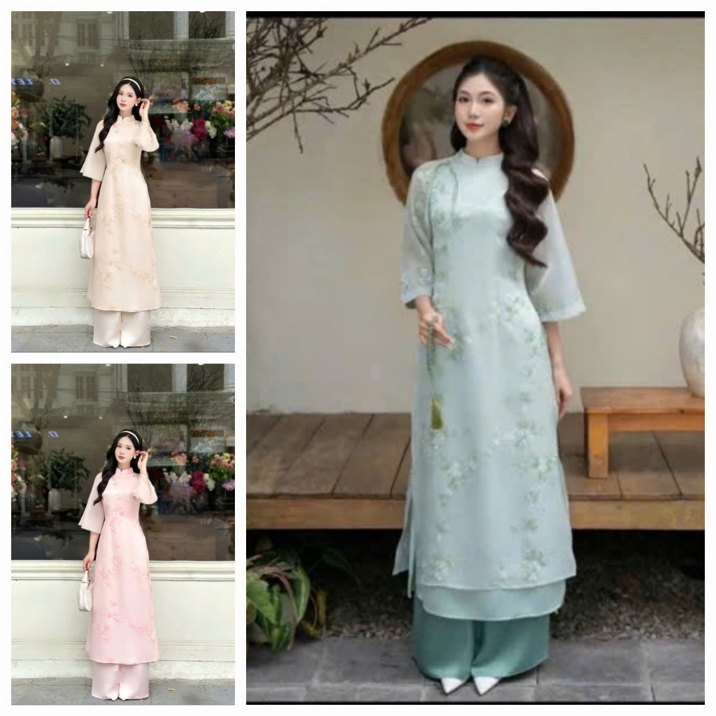 Ao dai Set WITH PANTS นวัตกรรมอ่อนเยาว์สําหรับฤดูใบไม้ผลิ 2026 ผ้าไหม ao dai คอเต่าและแขนสั้นปักดอกซ